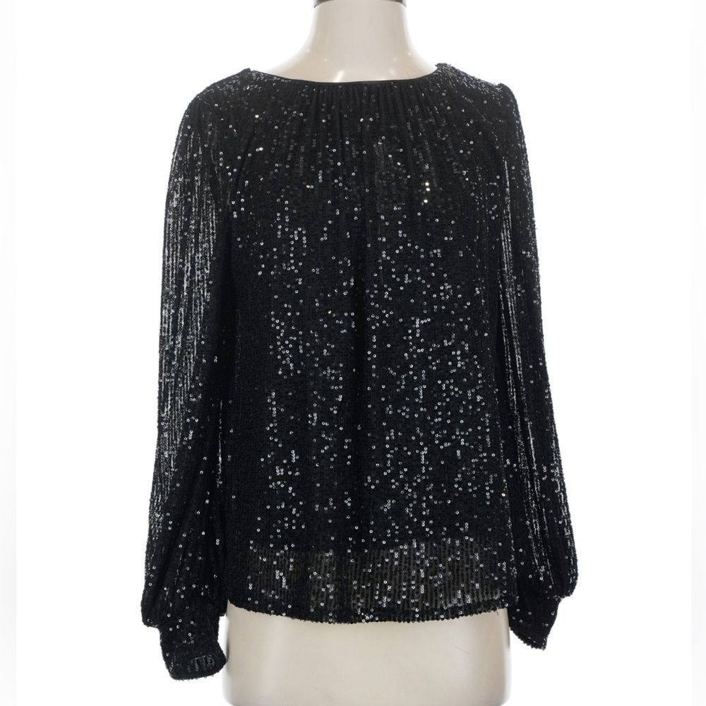 She + Sky Sequin Black Blouse Long Sleeve Size Small